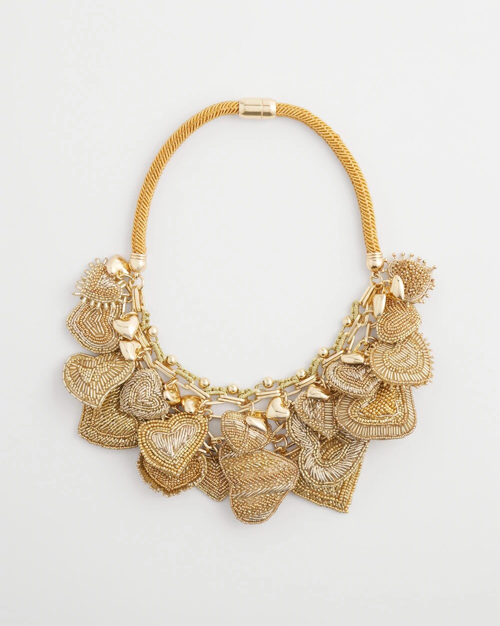 Gold Beaded Heart Charm Bib Necklace