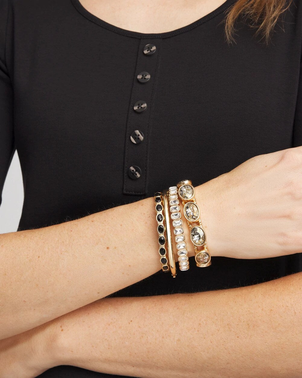 Small Black Faceted Gem Stretch Cuff Bracelet