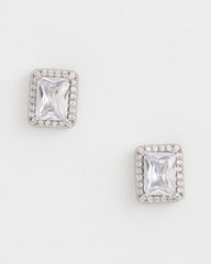 Silver Emerald Cut Stud Earrings