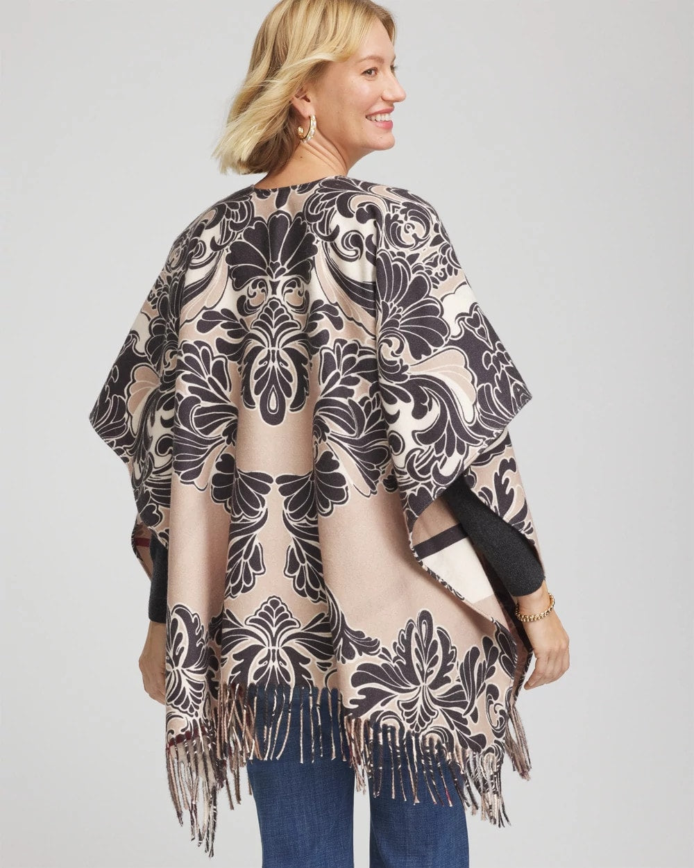 Reversible Printed Fringe Ruana