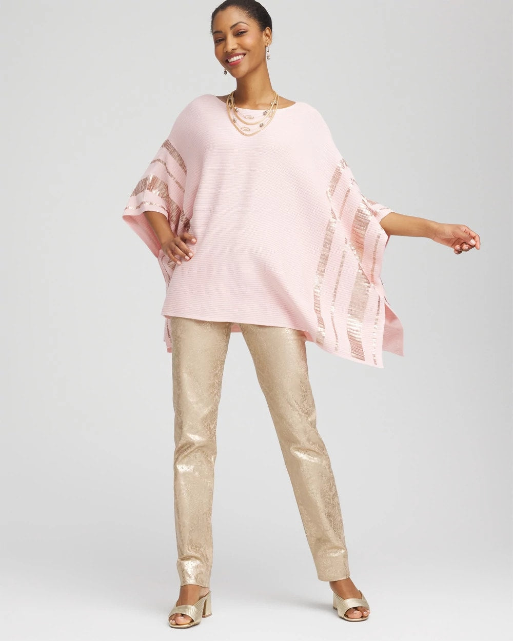 Sequin Striped Sweater Poncho
