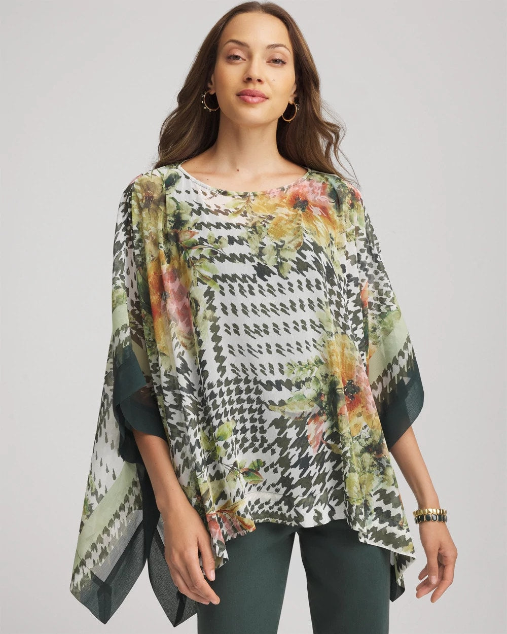 Printed Crinkle-Chiffon Pullover Poncho