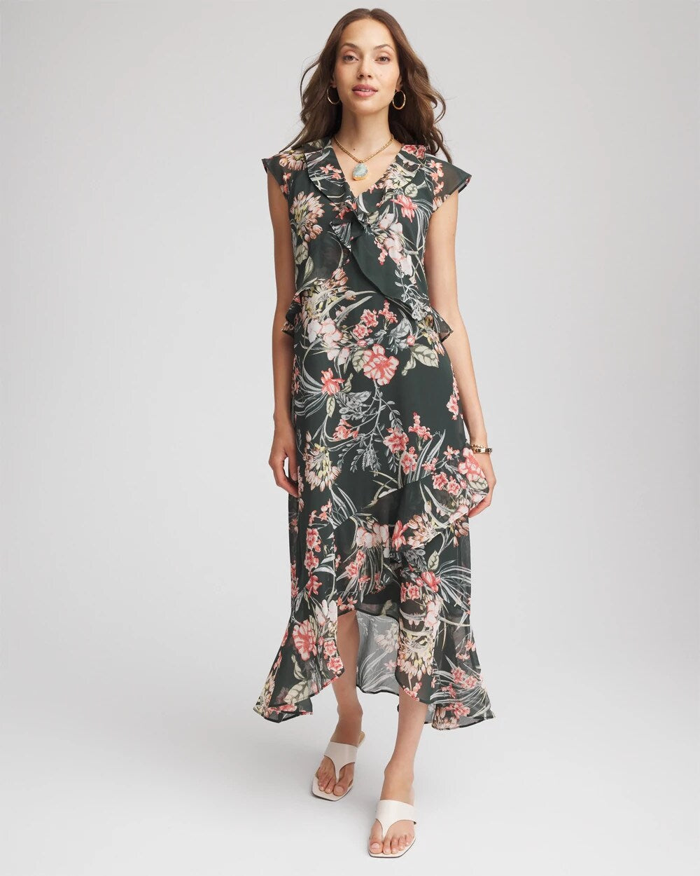 Petite Floral Ruffle-Trim Chiffon Dress