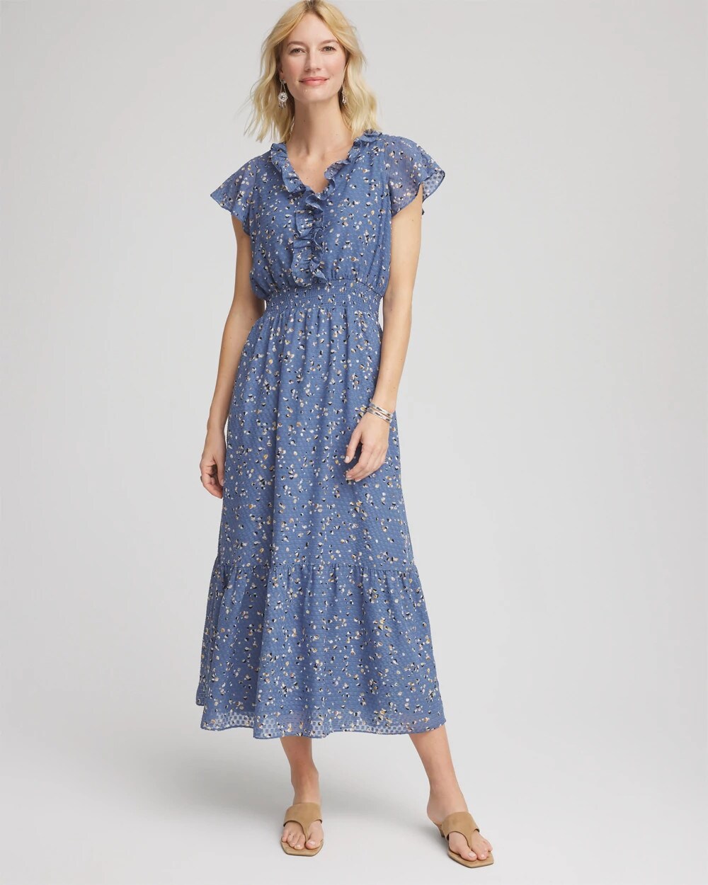 Petite Textured Ruffled-Placket Maxi Dress
