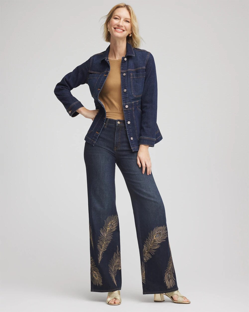 Petite Embellished High-Rise Wide-Leg Jeans