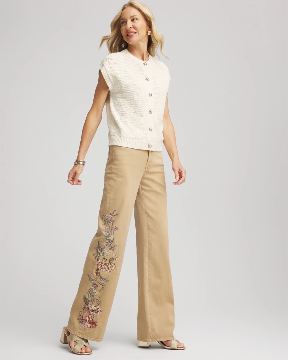 Petite Embroidered High-Rise Wide-Leg Jeans