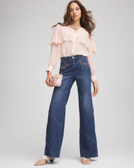 Petite Embellished Frayed Flared-Leg Jeans