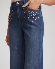 Petite Embellished Frayed Flared-Leg Jeans