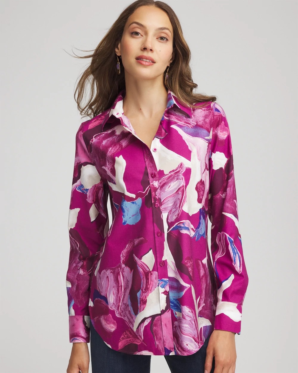 No Iron™ Floral-Paint-Print Shirt